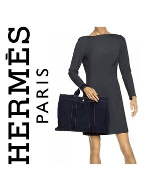 Authentic HERMES Deauville MM Hand Tote Bag Canvas Black